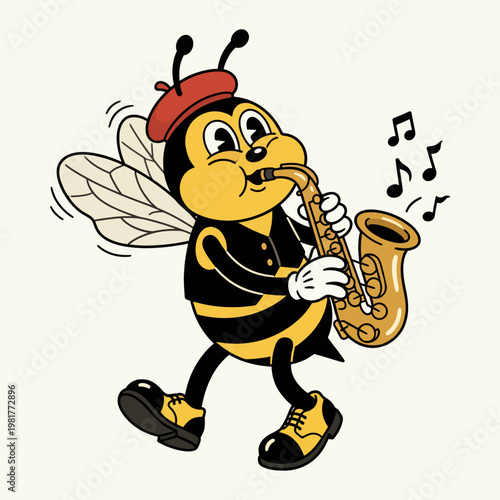 This whimsical illustration showcases a cheerful bee in a beret playing a saxophone, capturing the joy of music with lively notes surrounding the character.