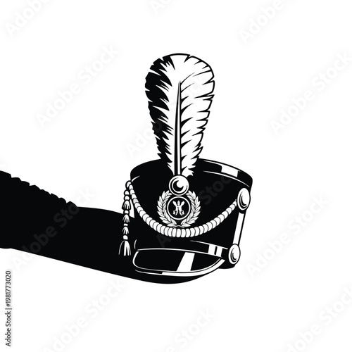 Elegant Vintage Mop Cap with Feather and Decorative Chain for Military or Historical Costume