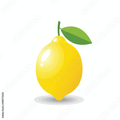 Bright Yellow Lemon with Green Leaf on White Background