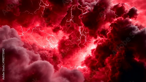 Intense red sky filled with clouds and streaks of lightning, stormy atmosphere
