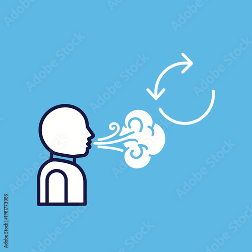 Illustration of a person exhaling vapor or breath with arrows indicating airflow.
