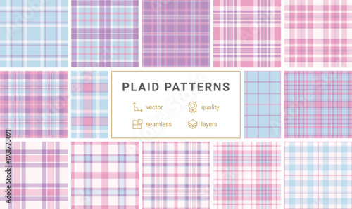 A soft, seamless tartan pattern in light blue and lavender hues. This classic plaid design offers a calming aesthetic for textile design, home decor, and professional digital backgrounds.