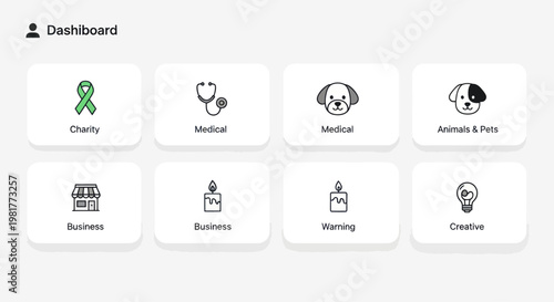 Modern Dashboard UI with Icons: Charity, Medical, Animal, Business, Warning