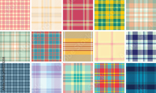 Fall inspired plaid bundle designed for textile concepts. Repeating tartan patterns support fabric previews. Vector resolution stays reliable.