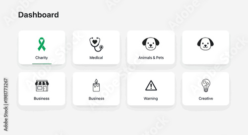 Modern Dashboard UI with Icons: Charity, Medical, Pets, Business, Warning, Creative