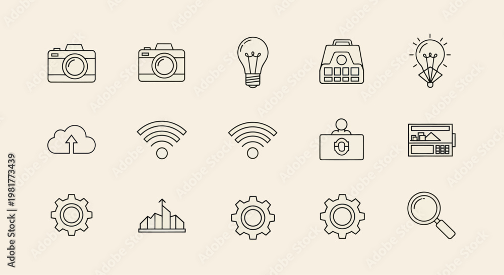 Fototapeta premium Modern Technology Icons Set: Camera, Lightbulb, Cloud, Wifi, Gears, Search