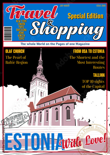 Travel and Shopping Magazine Fake Cover. Estonia with Love. Estonian Attraction Olaf Church Building Illustration. Tallinn Panorama, Estonian Flag, Vector Template for Touristic Illustrations, Posters
