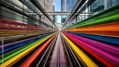Rainbow streaks speeding through a modern tunnel with city buildings in the distance