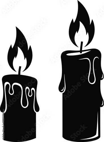 Two black silhouette candles with dripping wax and flickering flames representing darkness and light