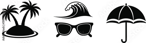 Black and white summer icons a tropical collection featuring palm trees waves sunglasses and beach accessories