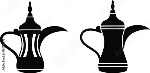 Elegant black and white illustration of traditional arabic coffee pots depicting cultural heritage and hospitality