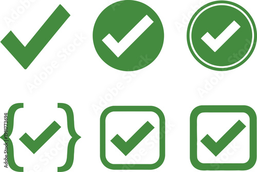 Collection of green check mark icons in various shapes and styles representing approval and completion