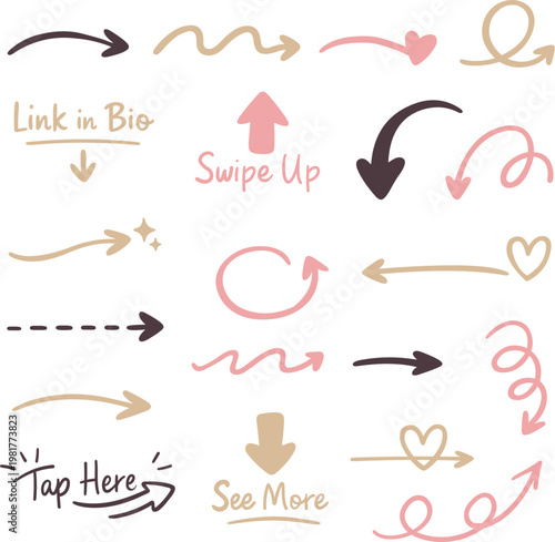 Hand-Drawn Pastel Arrow Collection in a Soft Minimal Doodle Style, Including Curved, Straight, Dashed, and Decorative Arrows with Call-to-Action Elements for Design and Social Media