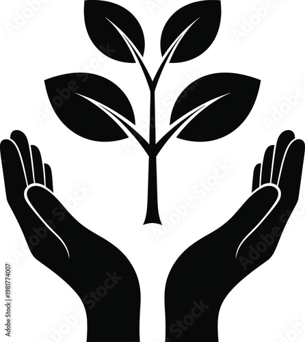 Hands gently cupping a young plant sprout symbolizing care growth and environmental stewardship in a black and white illustration