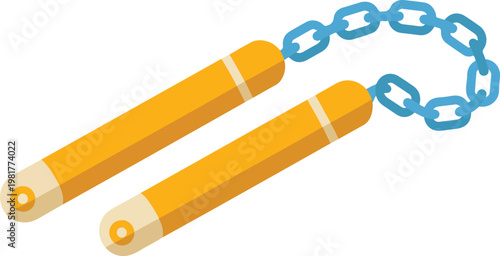 Minimalist vector illustration of wooden nunchaku with a blue chain link for martial arts, fitness, and self-defense concepts.