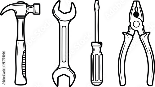 Hand tools collection a black and white illustration of essential workshop implements for repairs and construction