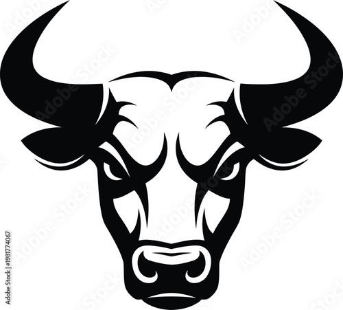 Striking black and white illustration of a buffalo head featuring bold lines and a powerful intimidating expression