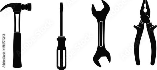 Black silhouette tool collection hammer screwdriver adjustable wrench and pliers essential hand tools for repairs