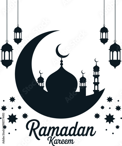 Ramadan kareem greeting with mosque silhouettes and crescent
