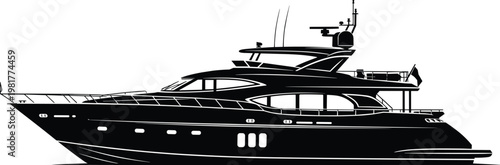 Luxury yacht silhouette illustration featuring modern motor boat isolated black vector design for marine travel lifestyle and nautical transportation concept use