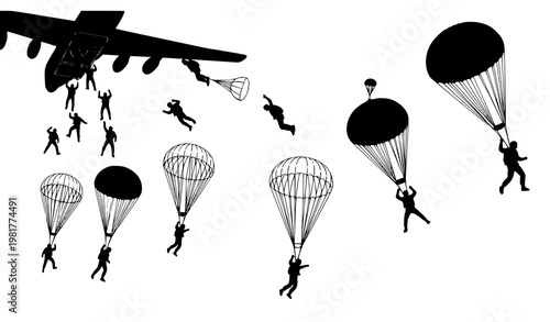 Airborne Soldiers Parachuting from Transport Plane Silhouette Vector