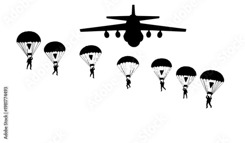 Paratroopers Silhouette Jumping from Military Aircraft Vector Illustration
