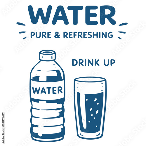 Water pure refreshing doodle illustration with bottle glass and drink lettering
