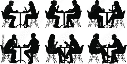 People sitting at cafe table silhouettes, couples talking, coffee meeting scenes, dating and business discussion vector illustration set