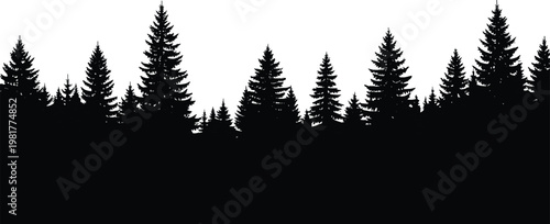 Pine forest silhouette vector, dense evergreen trees landscape border isolated on white background nature woodland illustration design element