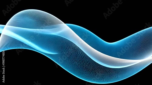 Abstract flowing pattern of layered blue and white lines on a black background