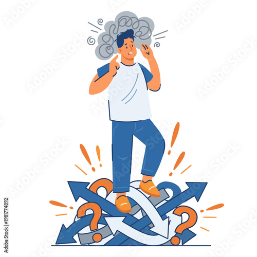 A person stands confused on a tangled mass of arrows, depicting the emotional struggle of decision-making amid unclear directions and overwhelming choices in life.