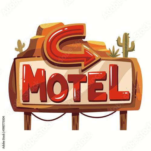 This whimsical illustration of a vintage motel sign set against a desert backdrop captures the essence of classic roadside motels with a charming retro aesthetic.