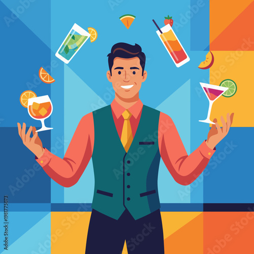 A cheerful bartender skillfully juggling colorful cocktails against a vibrant backdrop, showcasing an entertaining blend of mixology artistry and vibrant atmosphere.