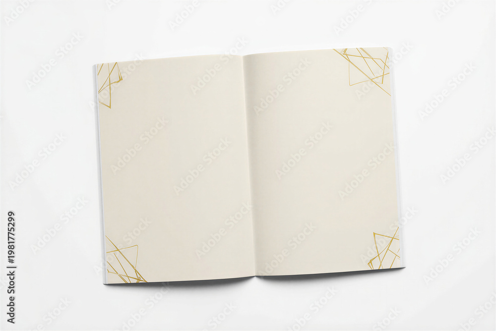 Fototapeta premium Elegant Open Notebook with Geometric Gold Embellishments on White Background