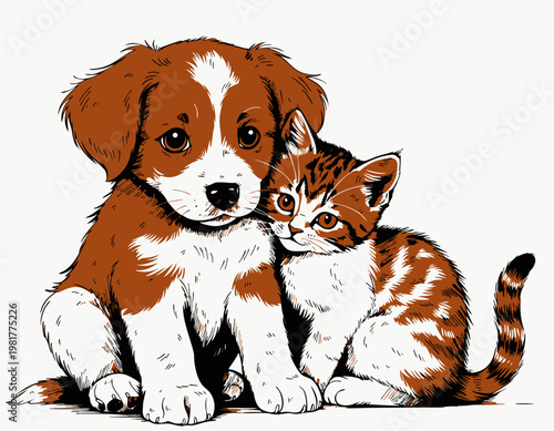 A cute group of domestic pets including a small puppy and a kitten sitting together on an isolated white background for a professional canine breed portrait