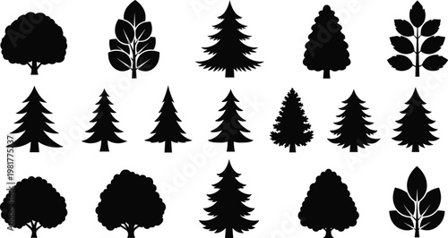 Tree silhouettes collection featuring pine and deciduous trees isolated black vector illustration set for forest landscape and nature design use