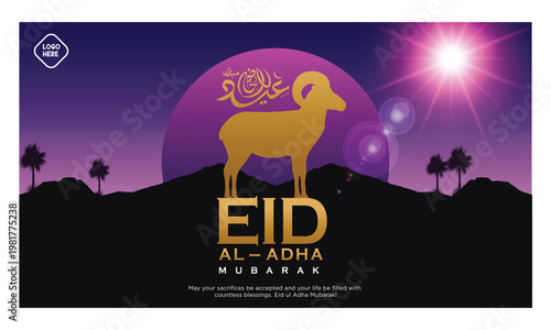 Eid Al Adha mubarak with cute sheep animal, The holiday occurs after the culmination of the annual Hajj. Feast of the Sacrifice.
