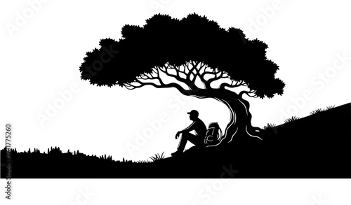 Hiker Resting Under Gnarled Tree Silhouette Vector Illustration with Valley Landscape on White Background