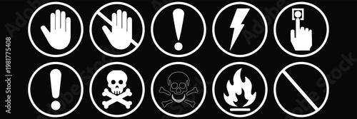 Electricity prohibition icon pack, no lightning signs, power failure and blackout symbols, high voltage warning graphics,