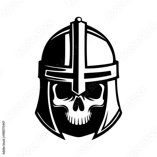 Logo casco de guerrero medieval con esqueleto. Icono para Halloween con casco de caballero medieval con calavera humana