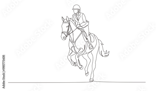 Horse rider equestrian sport line art drawing minimal riding illustration black linear sketch isolated on white background.