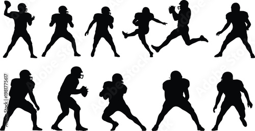 American football player silhouettes collection featuring quarterback running catching and action poses isolated black vector illustration set for sports design use