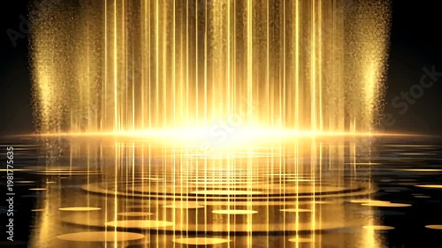 Golden beams stream down, reflecting off dark, circular puddles on a glossy surface