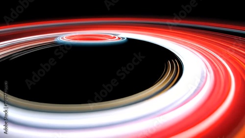 Abstract glowing, flowing rings of light on a black background, red and blue hues