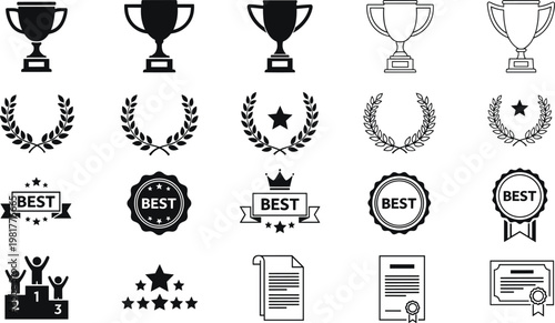 Award trophy badge and certificate icons collection featuring winner symbols isolated black vector illustration set for achievement and success design use