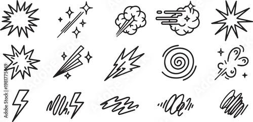 Hand drawn comic effect doodle set with explosion burst lightning and motion lines in sketch style