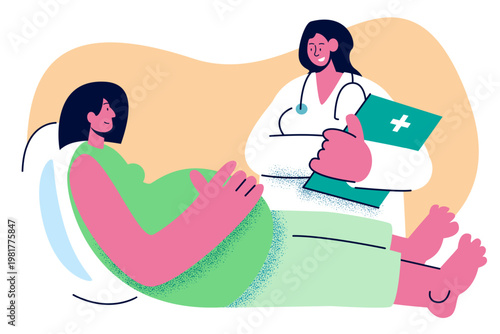 A female obstetrician doctor with a clipboard talking to a pregnant woman resting on a medical bed. Corporate Memphis vector illustration for prenatal consultation and healthcare.