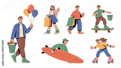 Young People Lifestyle Clipart Set Dating, Shopping and Leisure Activities