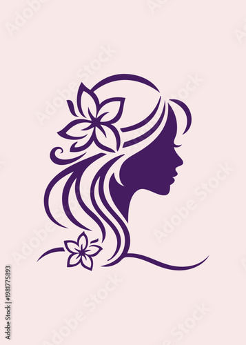 Logotipo de salón de belleza. Dibujo minimalista con la silueta de la cara de una mujer con peinado con ondas y adornado con flores 