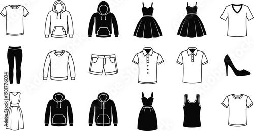 Clothing icons collection vector, fashion apparel set, t shirts, hoodies, dresses, shoes silhouettes isolated on white background illustration